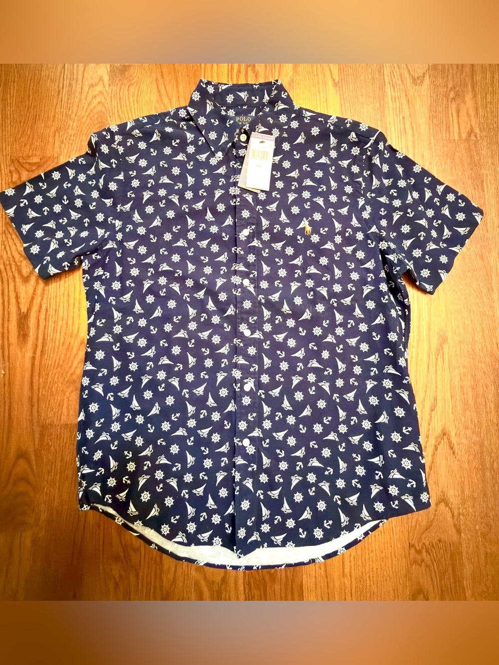 NWT Polo by Ralph Lauren Navy Short-Sleeve Printed Button-Up Shirt - Size M